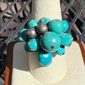 Vintage Turquoise and 925 Sterling Cluster Cocktail Ring, Size 9